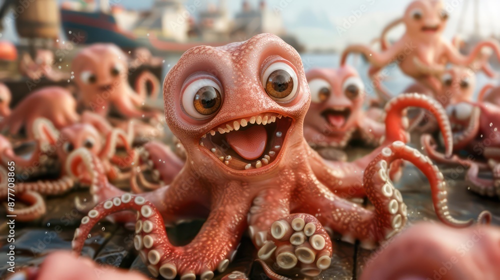 Obraz premium Cute Octopus Fun at Harbor Celebration Adorable Sea Creatures Bring Joy to the Festivities Watch as these Amusing Beasts Bring Laughter and Delight to the Crowd, Making Memories that Will Last a