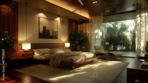 Modern Bedroom Interior Design with Luxurious Wooden Furniture © wahyu