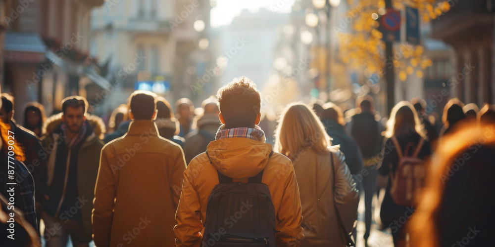 A man in a yellow jacket walking through a bustling city street, surrounded by a crowd of people on a sunny day. A man in a yellow jacket walking through a bustling city street, surrounded by a crowd of people on a sunny day.