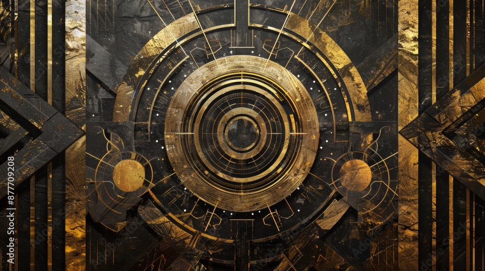 Black and gold abstract art with geometric shapes and intricate patterns Black and gold abstract art with geometric shapes and intricate patterns