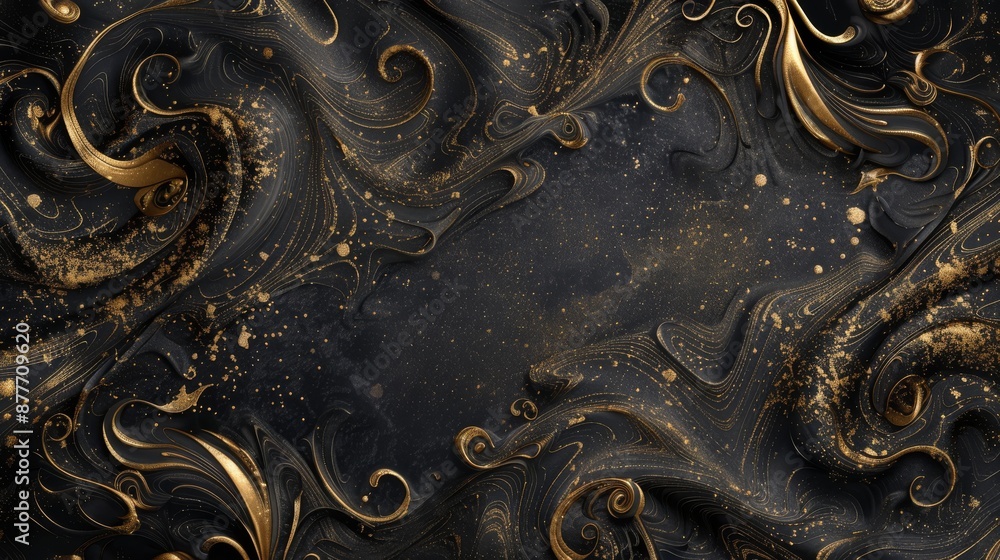 Luxurious black and gold abstract background with decorative swirls and detailed design Luxurious black and gold abstract background with decorative swirls and detailed design