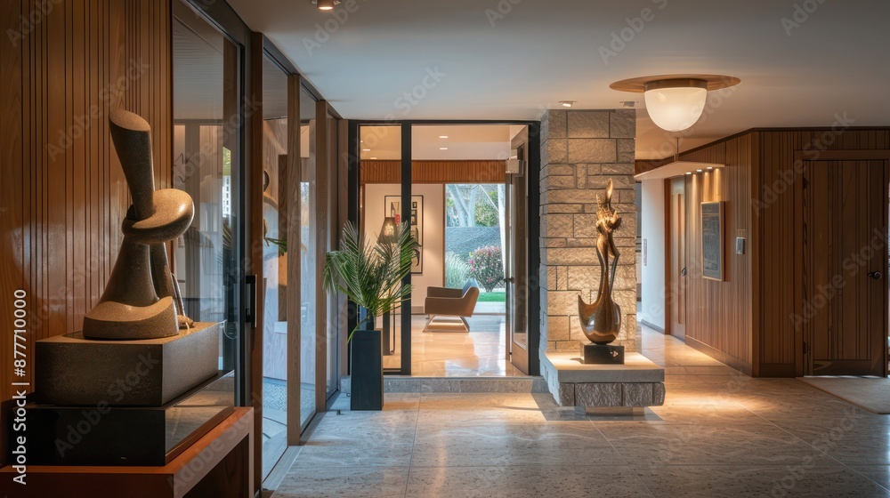 Mid-century modern suburban entry with an artful display of vintage sculptures and modern lighting to create a welcoming ambiance Mid-century modern suburban entry with an artful display of vintage sculptures and modern lighting to create a welcoming ambiance