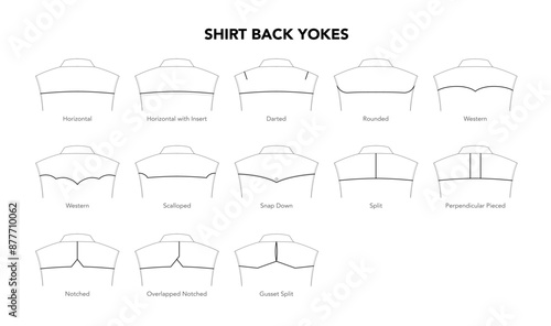 Set of Shirt Top Back Yokes diagram with text names styles - Horizontal, Darted, Rounded, Western Notched technical fashion illustration. Flat apparel template. Women, men unisex CAD mockup isolated