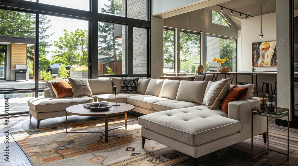 Mid-century modern suburban living area with a custom modular sofa that can be rearranged for different occasions Mid-century modern suburban living area with a custom modular sofa that can be rearranged for different occasions