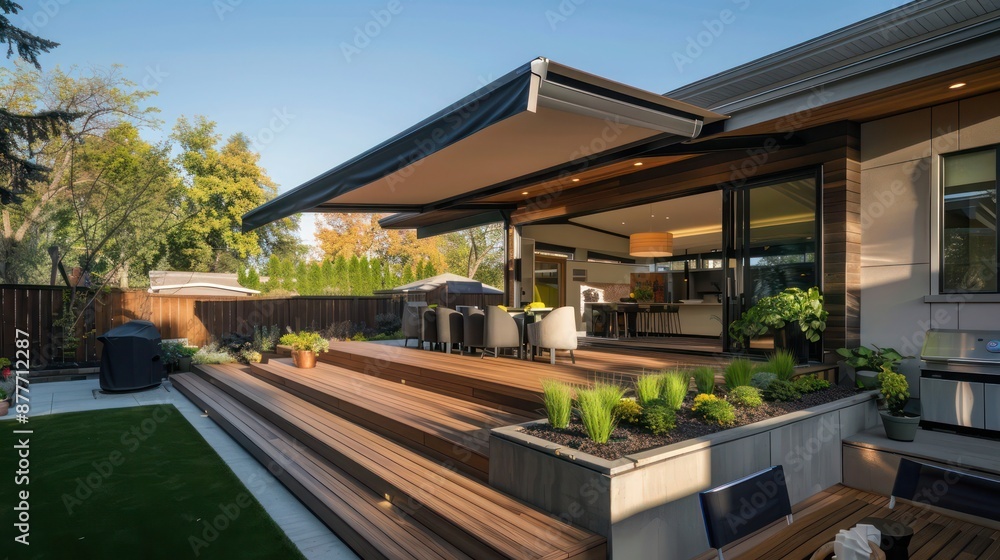 Fototapeta premium Mid-century modern suburban home with a backyard deck that features built-in seating, planters, and a retractable awning