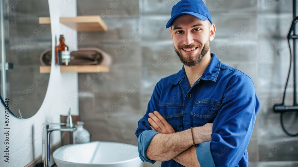 Obraz premium The smiling plumber in uniform.