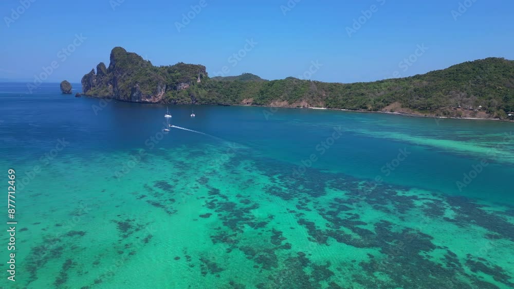 Catamaran sailing in turquoise water Phi island. Nice aerial view flight drone Catamaran sailing in turquoise water Phi island. Nice aerial view flight drone