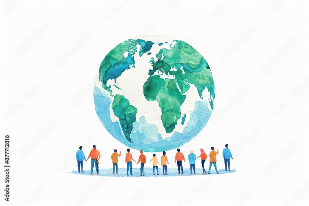 A lively watercolor rendering of social responsibility, capturing individuals and organizations working to improve societal conditions, isolate on white background with copy space