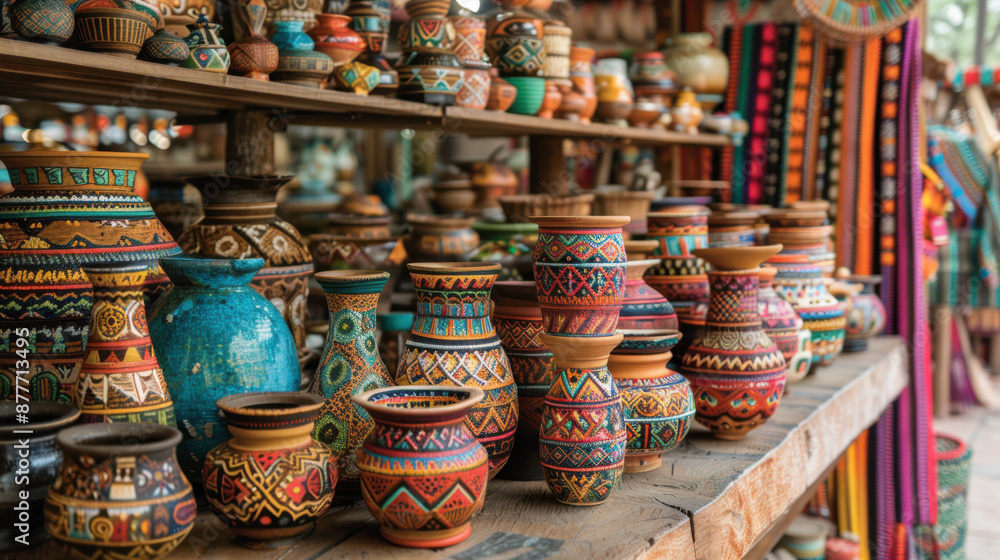 Handcrafted pottery with colorful and intricate designs displayed on wooden shelves at a market. Handcrafted pottery with colorful and intricate designs displayed on wooden shelves at a market.