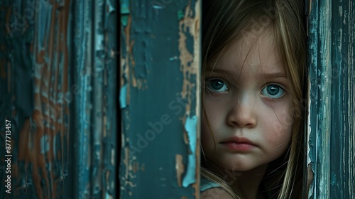 A child partly visible through a weathered wooden door, looking out from a dimly lit room, conveying a sense of curiosity and a rustic, mysterious atmosphere.