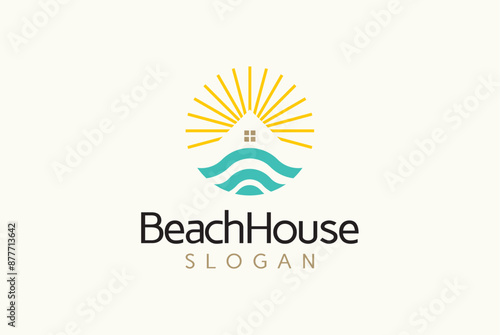 Beach or coast logo in simple sun and ocean shape, Summer Beach House Logo Template – Vacation Home & Waterfront Brand Identity
