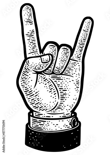 Sign hand rock and roll heavy metal on white background sketch engraving PNG illustration. Sign of horns hand gesture. T-shirt apparel print design. Scratch board. Black and white hand drawn image