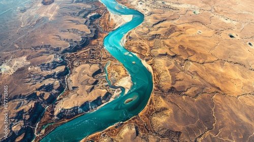 A stunning aerial view of a turquoise river snaking through a dry, desert landscape. 