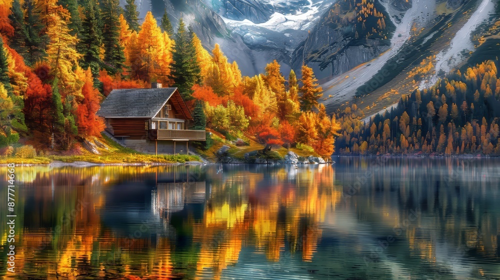 Fototapeta premium A Cabin Nestled Among Autumn Trees on a Mountain Lake