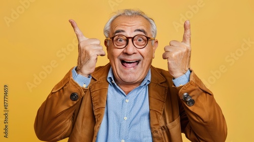The elderly man gesturing positively