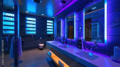 Suburban contemporary home with a self-cleaning bathroom featuring automated fixtures and UV sanitation