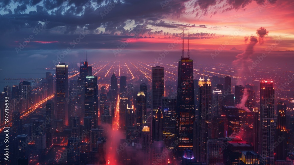 Fototapeta premium A stunning aerial shot of a major U.S. city skyline at dawn, featuring vibrant colors and dramatic lighting that highlights the urban landscape and architectural marvels.