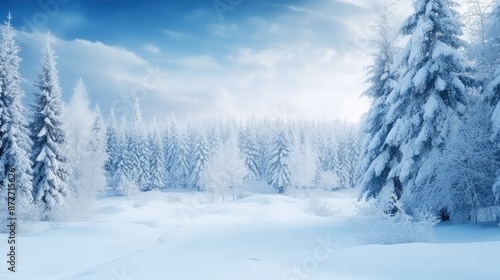 Winter wonderland forest scenery with snow-covered pine trees and a blue sky.