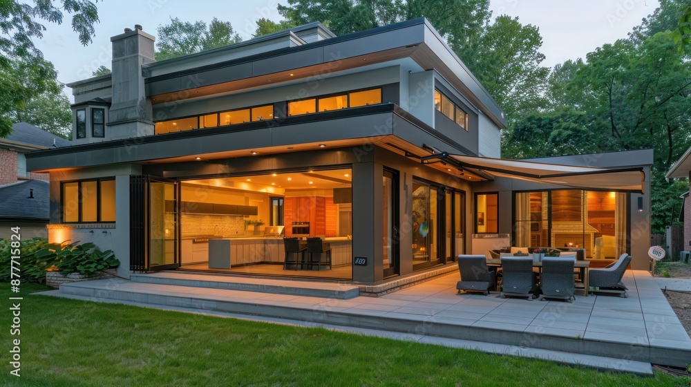 Suburban contemporary home with a back patio that includes a modular outdoor kitchen and a retractable awning Suburban contemporary home with a back patio that includes a modular outdoor kitchen and a retractable awning