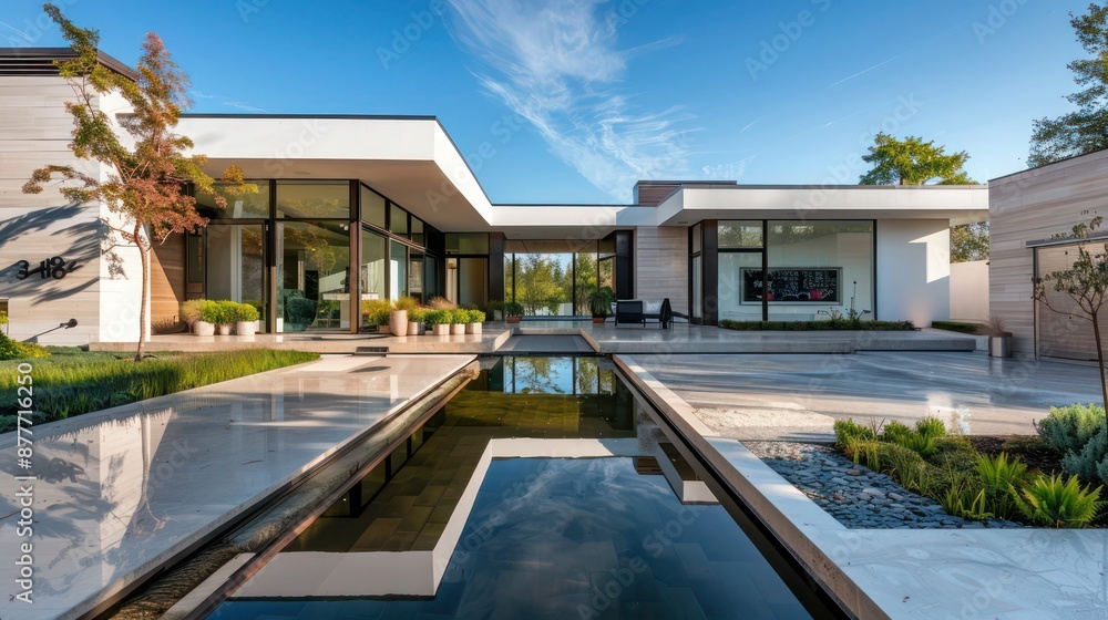 Suburban contemporary home with a reflective pond at the entrance, enhancing the architectural symmetry and modern aesthetics Suburban contemporary home with a reflective pond at the entrance, enhancing the architectural symmetry and modern aesthetics