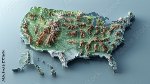 A 3D relief map of the United States, vividly showcasing the terrains and elevations. Detailed features highlight mountains, valleys, and plains with precision.