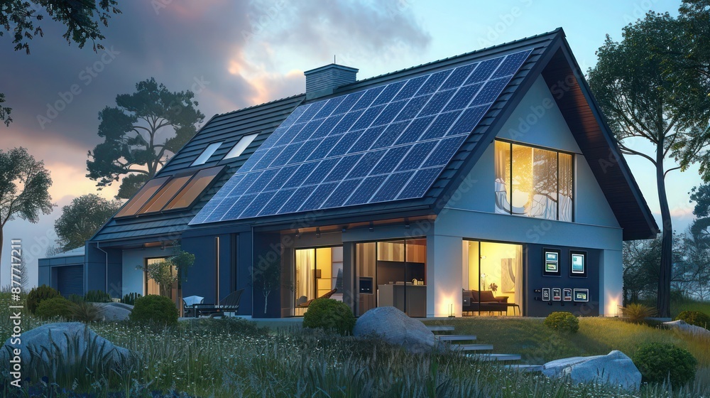 Suburban contemporary home with a high-efficiency solar power system, battery storage, and an energy management dashboard Suburban contemporary home with a high-efficiency solar power system, battery storage, and an energy management dashboard
