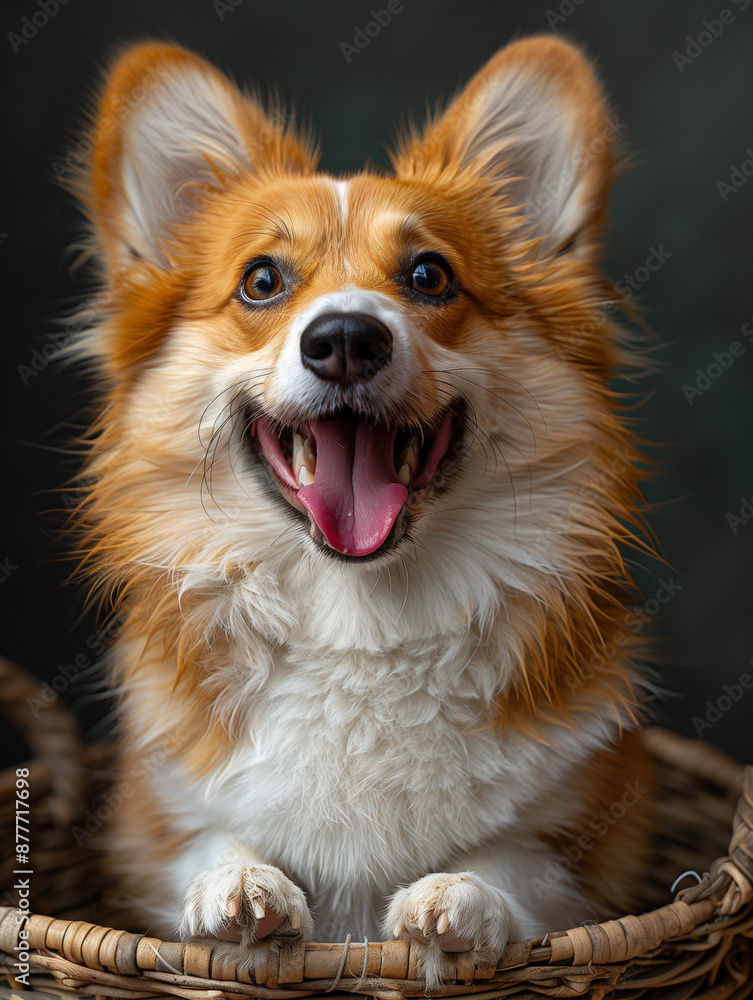 The happy corgi in the basket has a bright smile The happy corgi in the basket has a bright smile