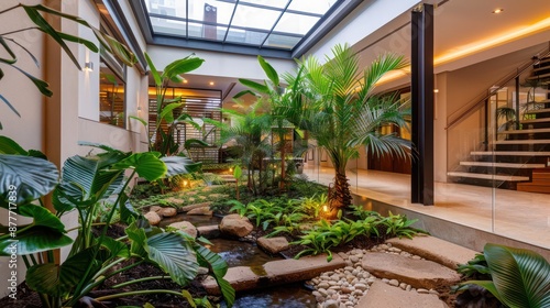 Suburban contemporary home with an indoor garden under a glass ceiling, featuring tropical plants and a small stream © Ramzan