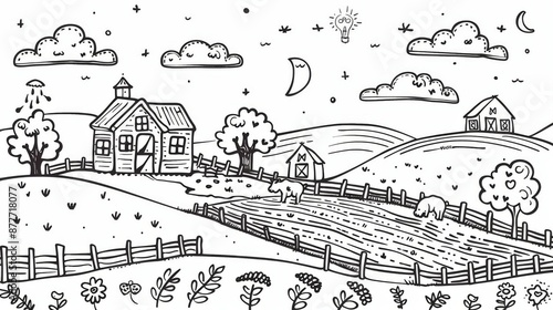 Wallpaper Mural A beautiful countryside farm scene featuring a barn, fields, trees, grazing cows, a fenced boundary, clouds, and bright sky elements under day and night settings. Torontodigital.ca