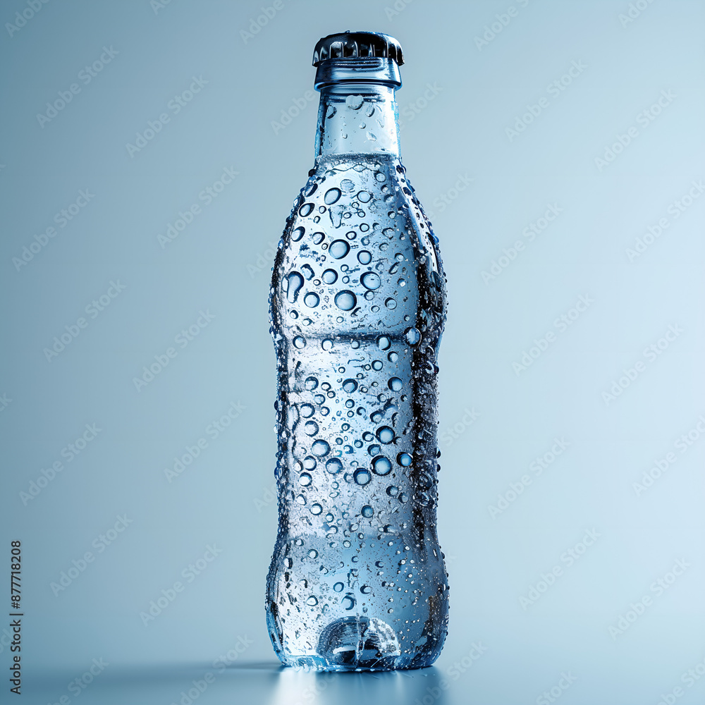 bottle of water, Chilled sparkling water bottle with condensation droplets