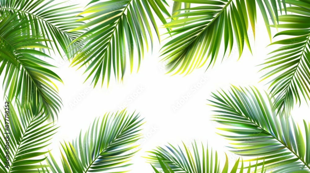 This image features vibrant green palm leaves artfully arranged around the edges, creating a natural frame with a clean white background ideal for various design uses. This image features vibrant green palm leaves artfully arranged around the edges, creating a natural frame with a clean white background ideal for various design uses.
