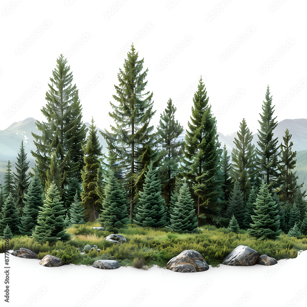 Green evergreen trees such as fir pine and spruce in a treeline on a white background