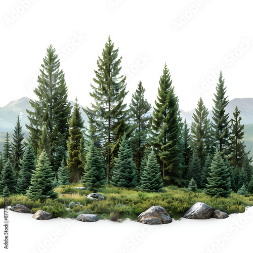 Obraz na płótnie Green evergreen trees such as fir pine and spruce in a treeline on a white background w salonie