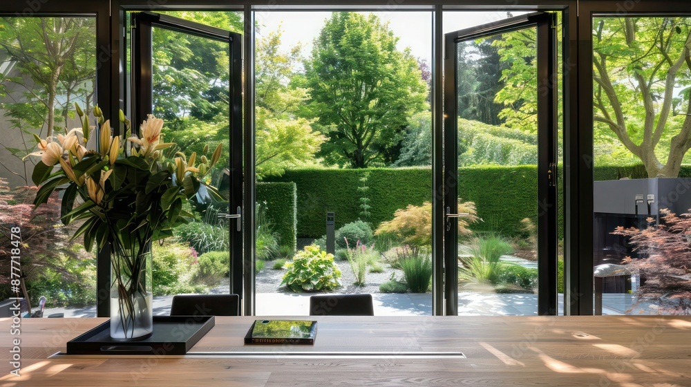 Suburban contemporary home office with a view of the landscaped garden through large, pivot windows Suburban contemporary home office with a view of the landscaped garden through large, pivot windows