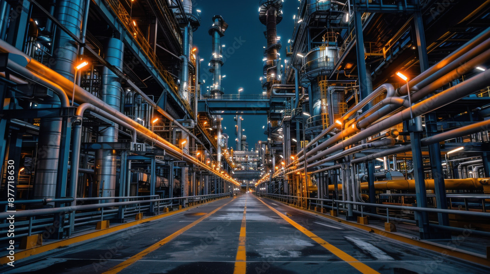 Fototapeta premium High-tech industrial plant illuminated at night, featuring advanced machinery, pipelines, and a vibrant, well-lit environment.