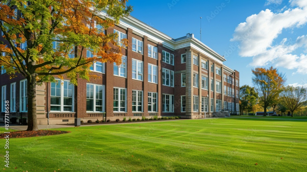 This image displays a large, academic brick building with numerous windows, set against a backdrop of clear skies, and surrounded by a neatly manicured green lawn and autumn foliage. This image displays a large, academic brick building with numerous windows, set against a backdrop of clear skies, and surrounded by a neatly manicured green lawn and autumn foliage.