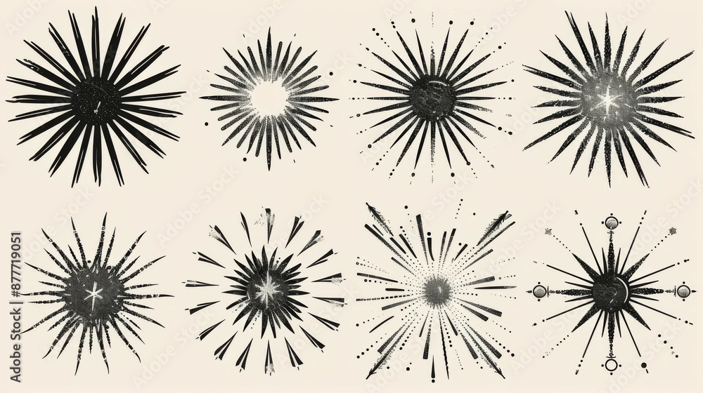 An array of eight detailed sunburst illustrations in black and white, each showcasing different patterns and intricacies, offering a classic and timeless aesthetic. An array of eight detailed sunburst illustrations in black and white, each showcasing different patterns and intricacies, offering a classic and timeless aesthetic.