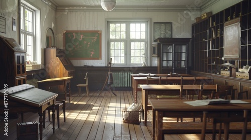 A rustic classroom setting featuring wooden desks, a blackboard, and sunlight streaming through the windows. The room offers a warm, historic atmosphere perfect for learning.