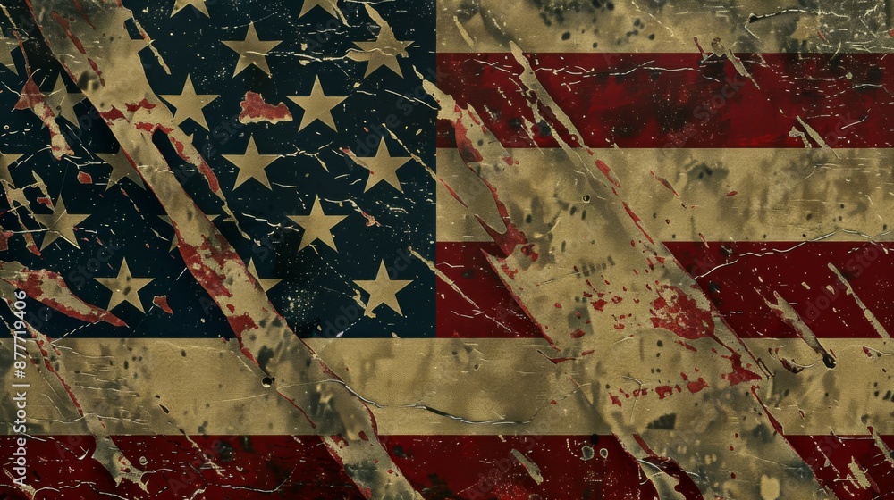 This image features a distressed and weathered American flag, highlighting enduring patriotism and resilience amidst challenges, blending history and lasting national pride. This image features a distressed and weathered American flag, highlighting enduring patriotism and resilience amidst challenges, blending history and lasting national pride.