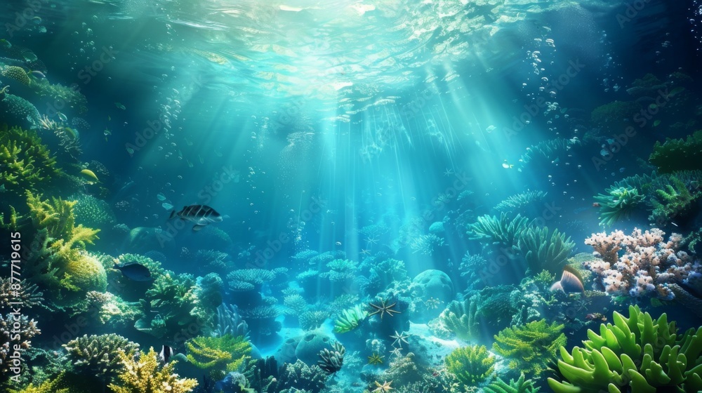 Fototapeta premium A calm underwater world with sunlight filtering through the water, illuminating a vibrant coral reef. A scene of peace and tranquility teeming with aquatic life.