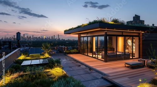Fototapeta Naklejka Na Ścianę i Meble -  Suburban contemporary rooftop terrace with a green roof, solar lighting, and a view of the city skyline