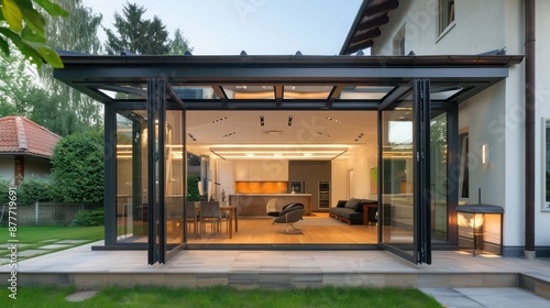 Suburban contemporary sunroom with retractable glass walls, allowing it to convert into an open-air lounge photo