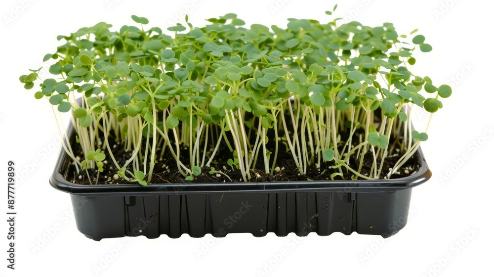 A tray of seedlings is sitting on a white background, hydroponic garden A tray of seedlings is sitting on a white background, hydroponic garden