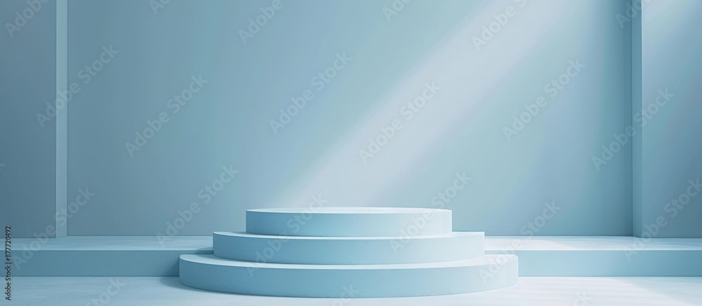Obraz premium Podium set against soft blue background softly lit with light colors creates serene elegant ambiance for presentations or events 🌟✨