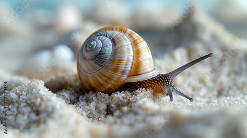 Macro Shot of Snail Crawling on Sandy Surface with Detailed Shell 