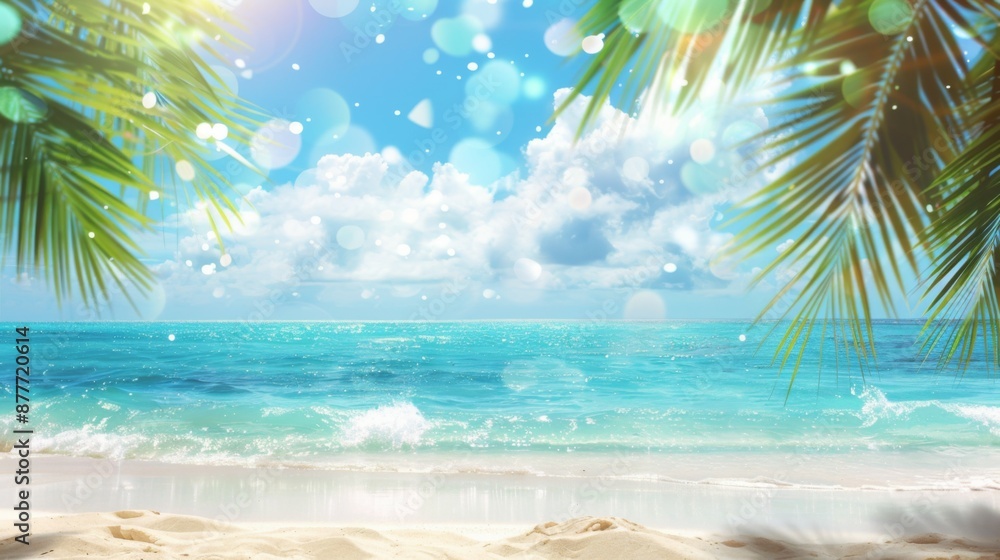 Fototapeta premium A bright and sunny beach scene featuring gentle ocean waves rolling onto the sandy shore under a blue sky, framed by lush palm fronds and vibrant sunbeams.