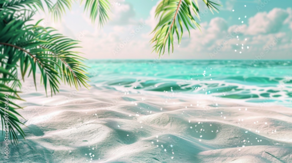 Fototapeta premium A serene beach with soft white sand and calm turquoise waters, framed by lush palm leaves under a beautifully clear sky, creating a peaceful and idyllic setting.