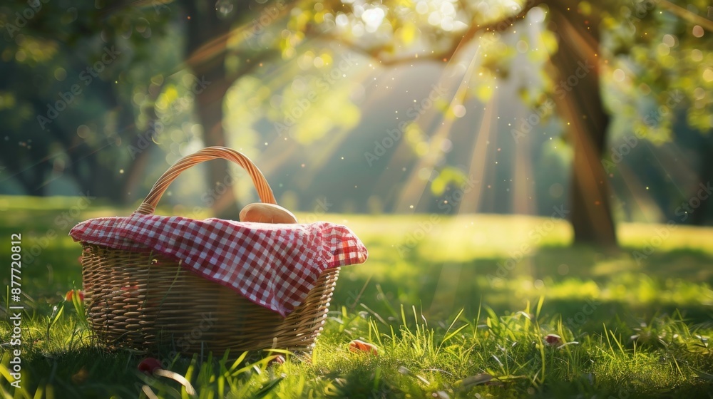An idyllic picnic image featuring a wicker basket partially covered with a red and white checkered cloth, containing a single bun, set against a backdrop of lush green grass and trees. An idyllic picnic image featuring a wicker basket partially covered with a red and white checkered cloth, containing a single bun, set against a backdrop of lush green grass and trees.