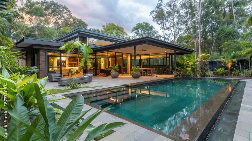 Fototapeta premium architectural marvel in the suburbs, with seamless indoor-outdoor living spaces and lush, mature landscaping