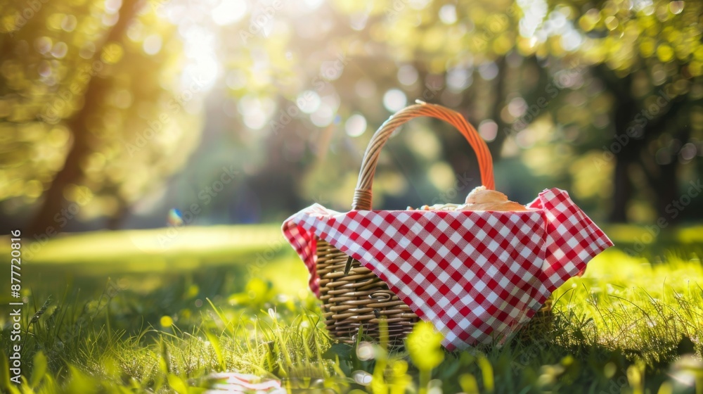 This image captures a wicker picnic basket, partially covered with a red and white checkered cloth, resting on lush green grass under a canopy of trees, evoking a serene and sunny day. This image captures a wicker picnic basket, partially covered with a red and white checkered cloth, resting on lush green grass under a canopy of trees, evoking a serene and sunny day.